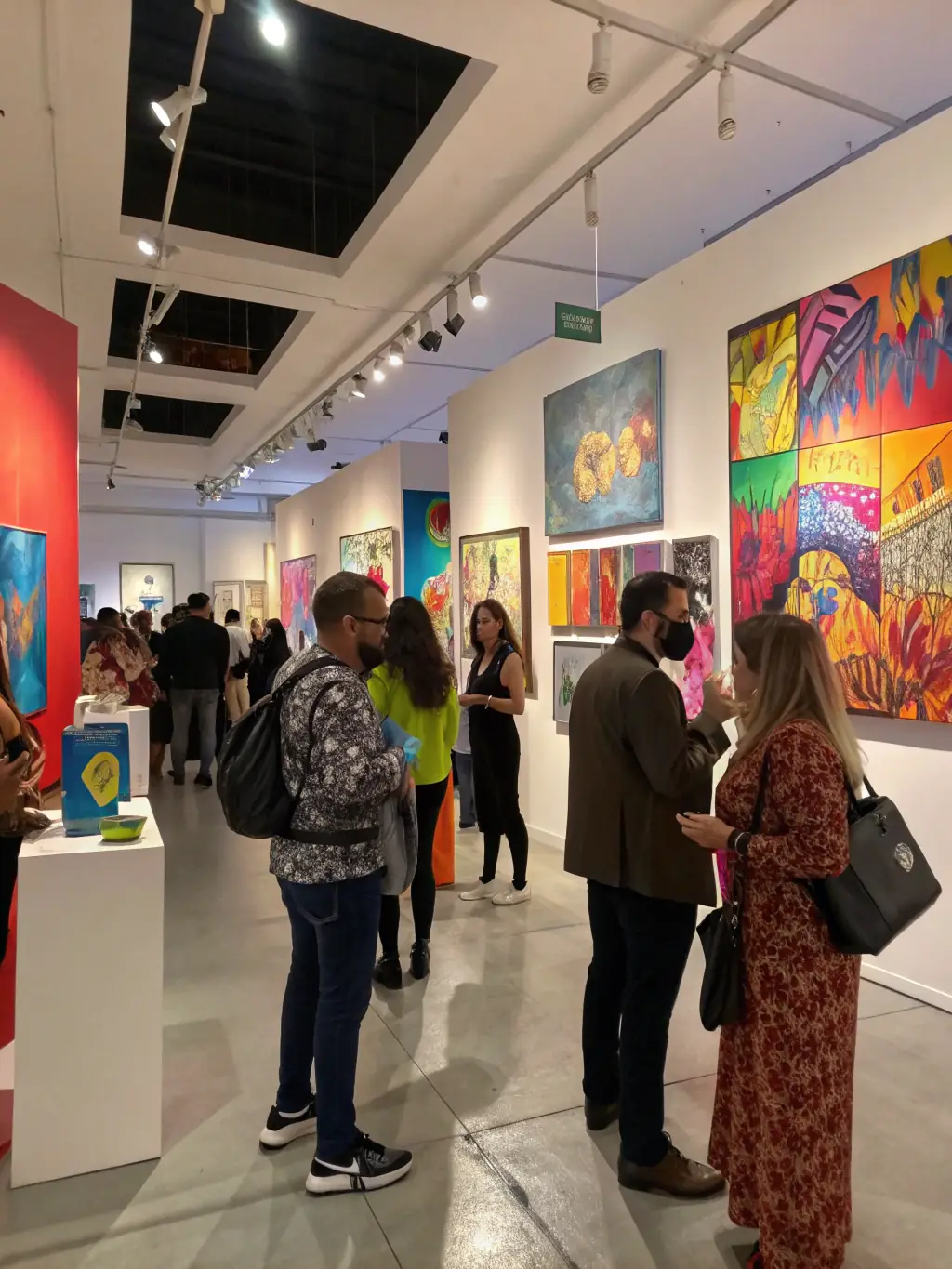 A vibrant image of an art exhibition held at STUDIO DE LA GRANGE, featuring diverse artworks and a crowd of attendees appreciating the display, highlighting the organization's role in promoting artists' visibility.
