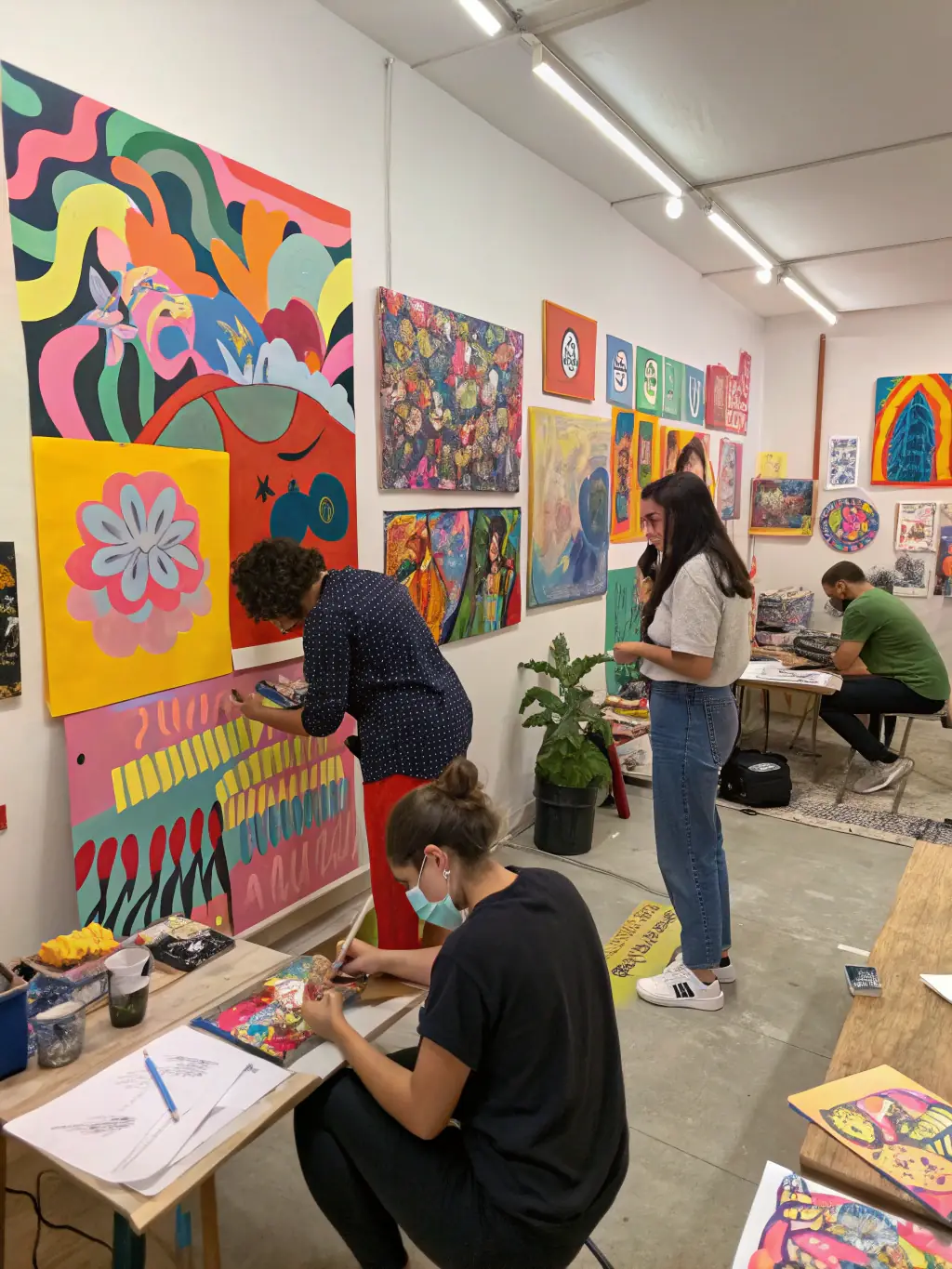 A photograph of artists working collaboratively in a workshop setting at STUDIO DE LA GRANGE, surrounded by various art supplies and tools, showcasing the supportive environment for artistic creation.