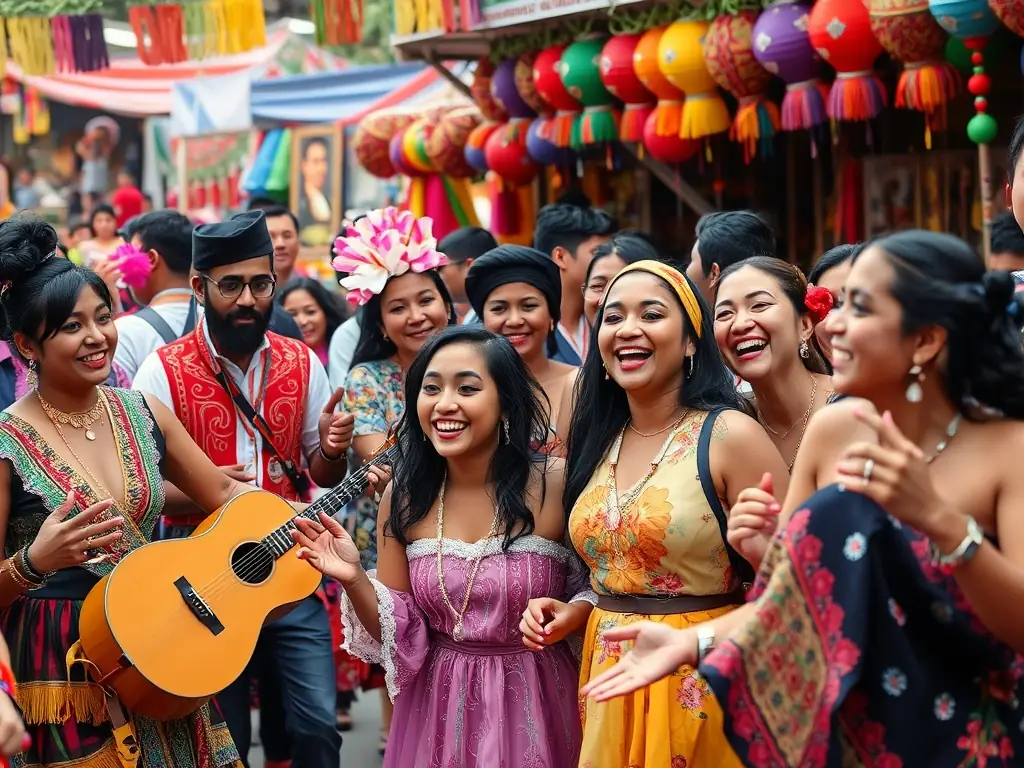 A captivating image of a local cultural festival organized by STUDIO DE LA GRANGE, featuring musicians, dancers, and visual artists celebrating the region's cultural diversity.