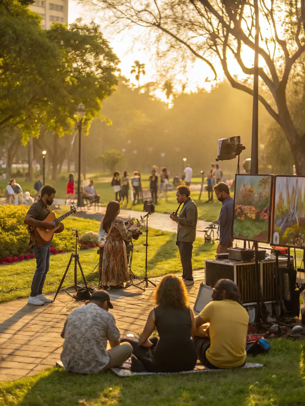 A dynamic shot of a community arts festival organized by STUDIO DE LA GRANGE, showcasing various performances, art installations, and interactive activities, emphasizing the organization's commitment to cultural engagement.