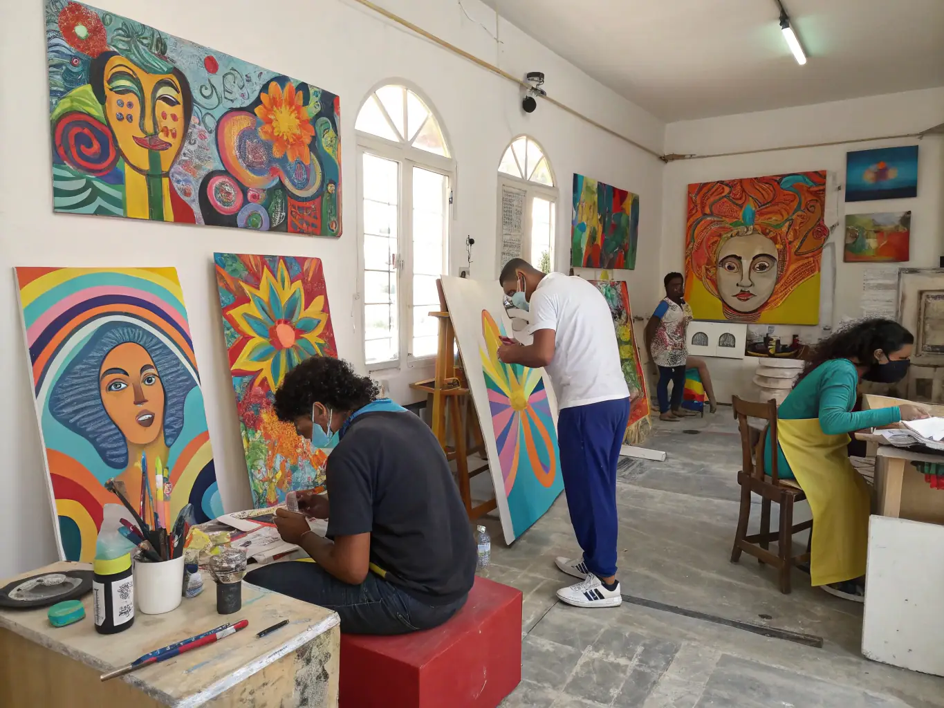 A vibrant photograph capturing artists collaborating during a workshop at STUDIO DE LA GRANGE, showcasing the dynamic and interactive nature of the program.
