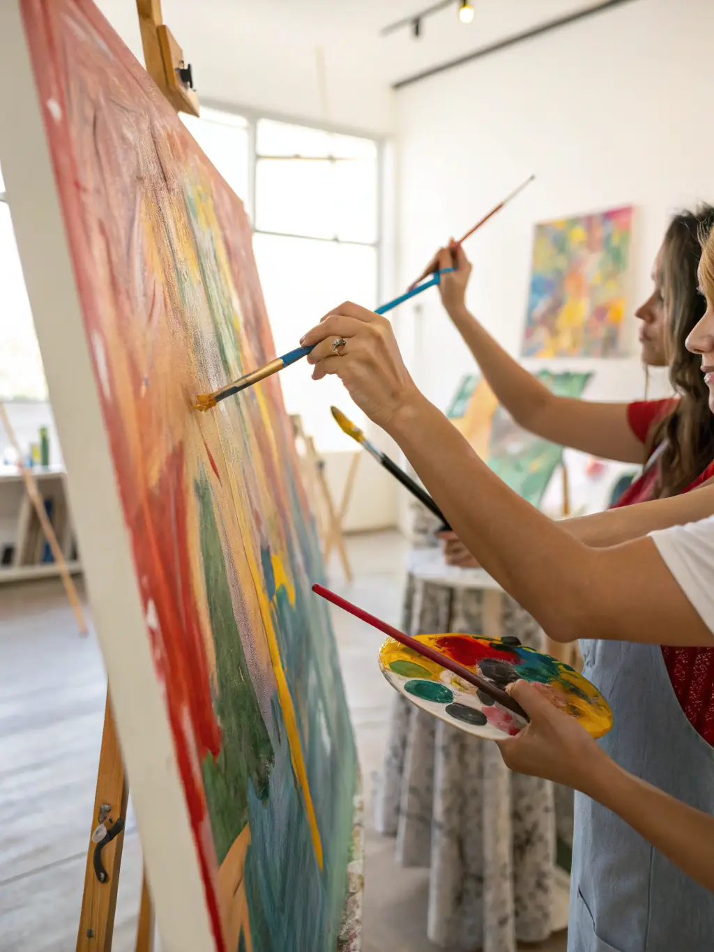 A vibrant image depicting artists collaborating in a workshop setting at STUDIO DE LA GRANGE, showcasing the dynamic interaction and creative energy of the participants.