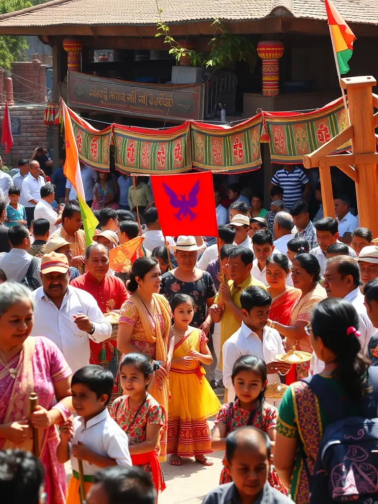 A photograph capturing the essence of the Festival Culturel Local, with musicians, dancers, and visual artists performing and exhibiting their work in a lively outdoor setting.